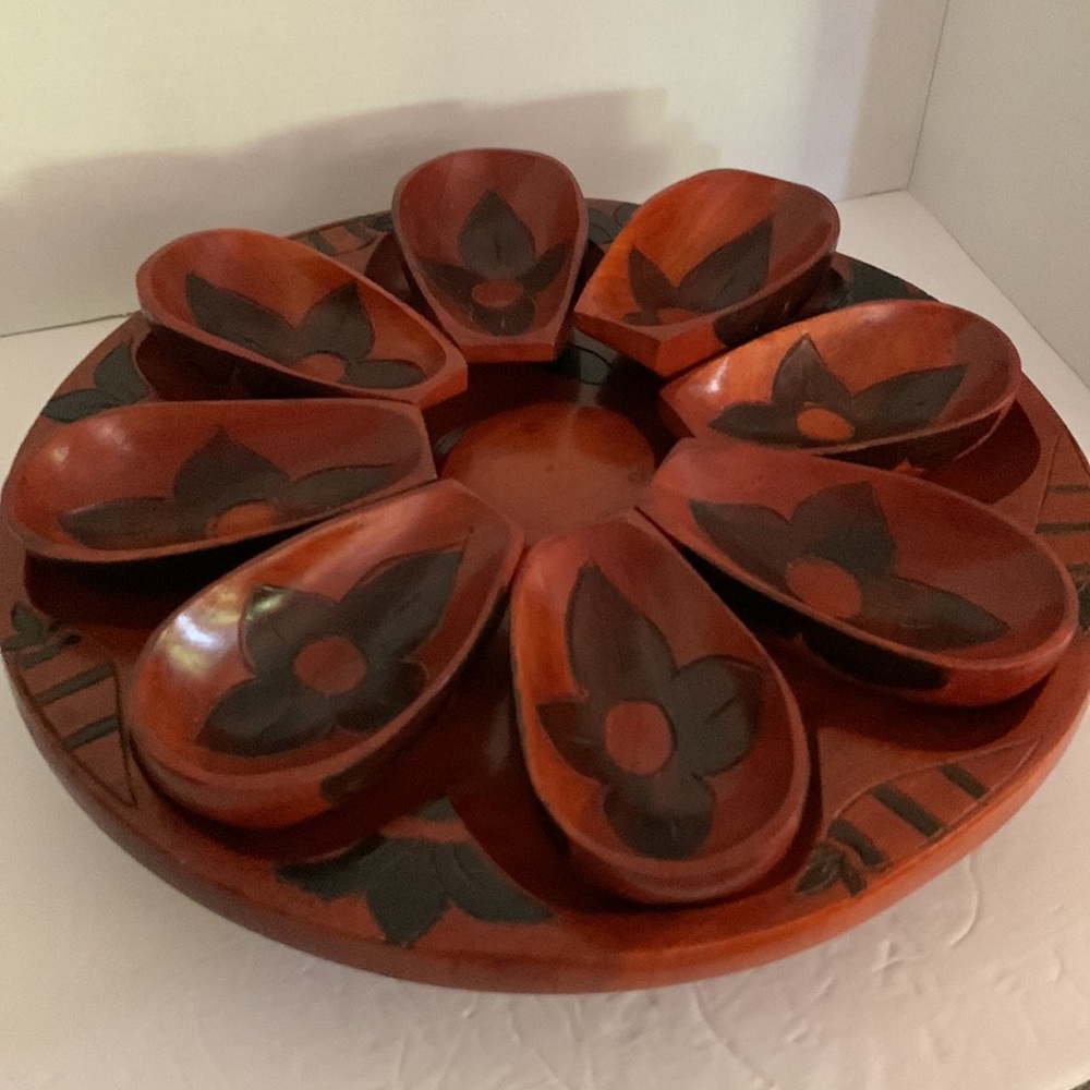 MCM? Serving tray on a rotating base.heavy wooden tray with 8 petal shaped bowls
